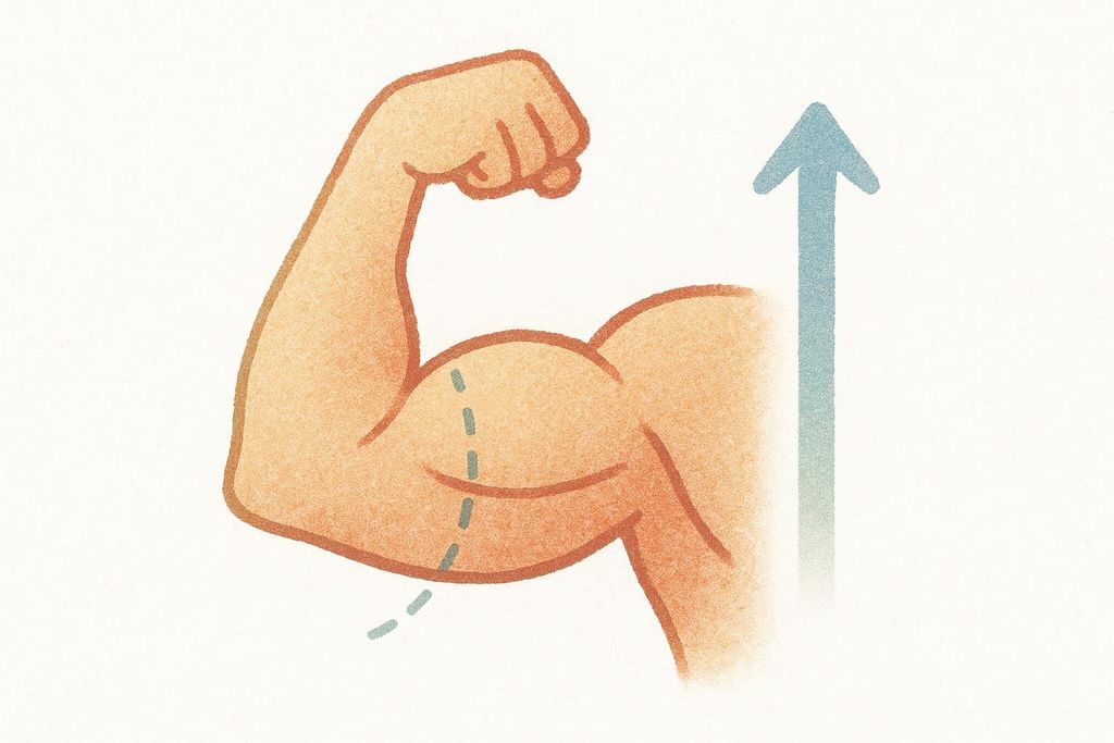 Stylized illustration of an arm silhouette with measurement indicators and a growth arrow, symbolizing tracking bicep circumference.