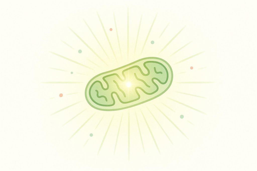 A stylized green mitochondrion emitting a bright pulse of light energy from its center, surrounded by radiating lines and small colored dots on a light yellow background.