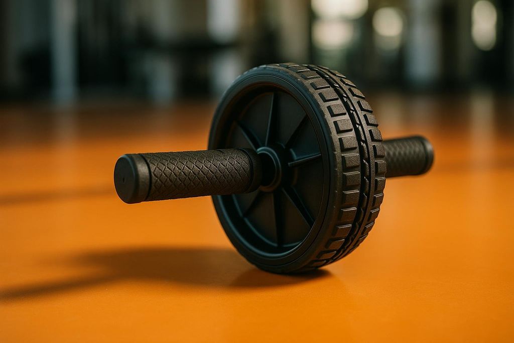 A black ab wheel roller with textured handles sits on an orange gym floor, with a blurred gym background.