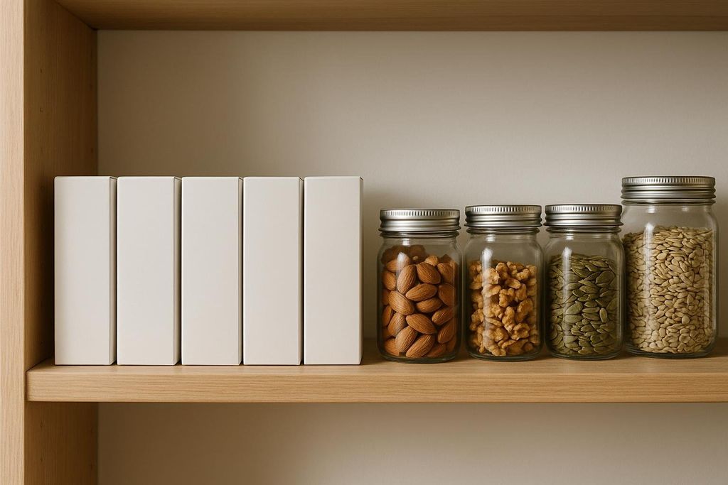 A wooden pantry shelf displaying five white rectangular boxes and four glass jars filled with various nuts and seeds, including almonds, walnuts, pumpkin seeds, and sunflower seeds.