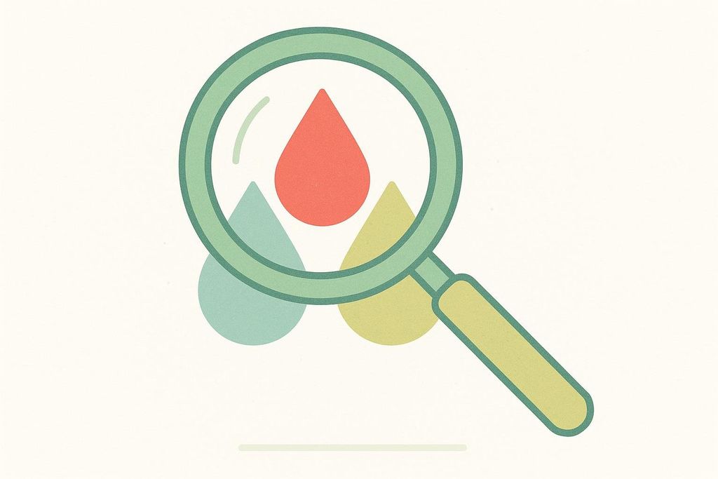 An abstract stylized illustration shows a green magnifying glass examining three colorful drops of fluid: one red, one light blue, and one yellow-green.