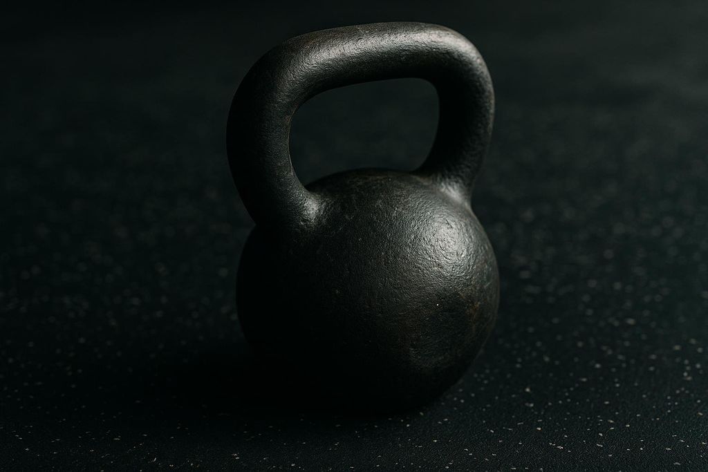 A close-up shot of a dark, heavy kettlebell sitting on a speckled black gym floor, suggesting a focus on strength training.