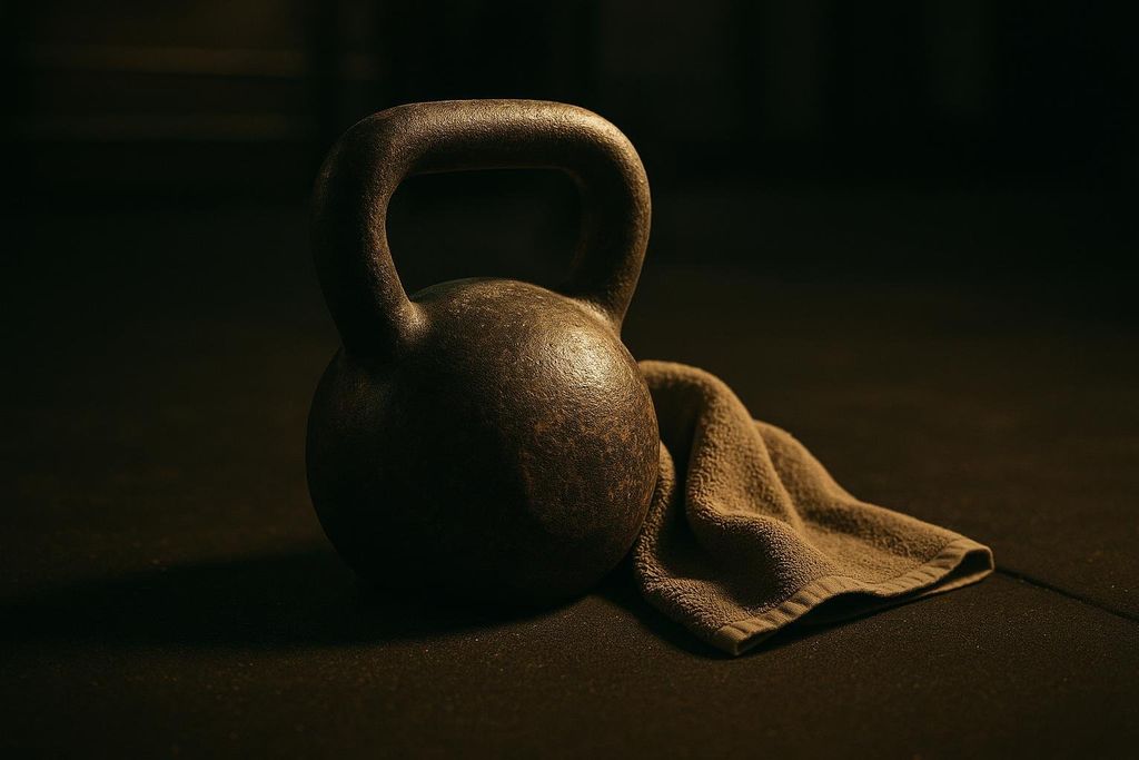 A rustic, dark-colored kettlebell sits on a dark gym floor, with a folded brown towel draped beside it. The lighting is dim, creating a moody atmosphere.