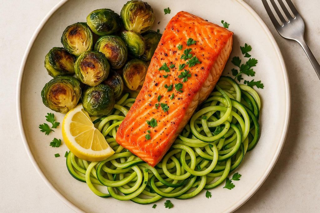 A top-down view of a plated Whole30 dinner featuring a cooked salmon fillet, a bed of zucchini noodles, roasted Brussels sprouts, and a lemon wedge, garnished with fresh parsley.