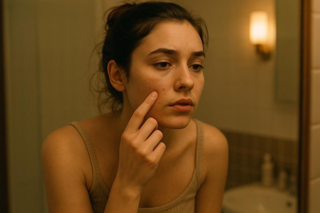 A young woman with her hair pulled back, wearing a light-colored tank top, examines her face in a warmly lit mirror. She points to a blemish on her cheek with her right index finger, appearing concerned about her skin.