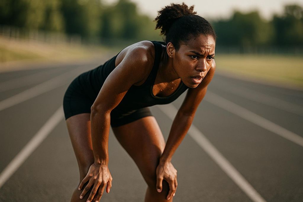 A sweaty female athlete in black athletic wear bends over with her hands on her knees, catching her breath on a running track after a high-intensity sprint. Her expression shows intense effort and fatigue.