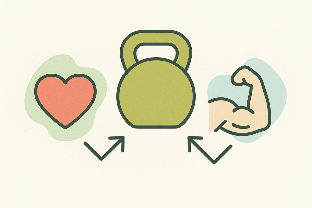 An illustration showing how kettlebells provide both cardio (red heart icon) and strength (beige muscle icon with a flexed bicep) benefits, with arrows pointing from the kettlebell to each icon.