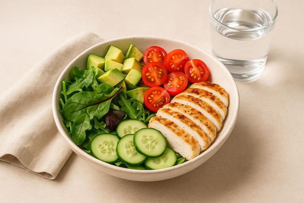 A close-up of a healthy chicken salad bowl with grilled chicken slices, cherry tomatoes, avocado, cucumber, and leafy greens. A glass of water is in the background.