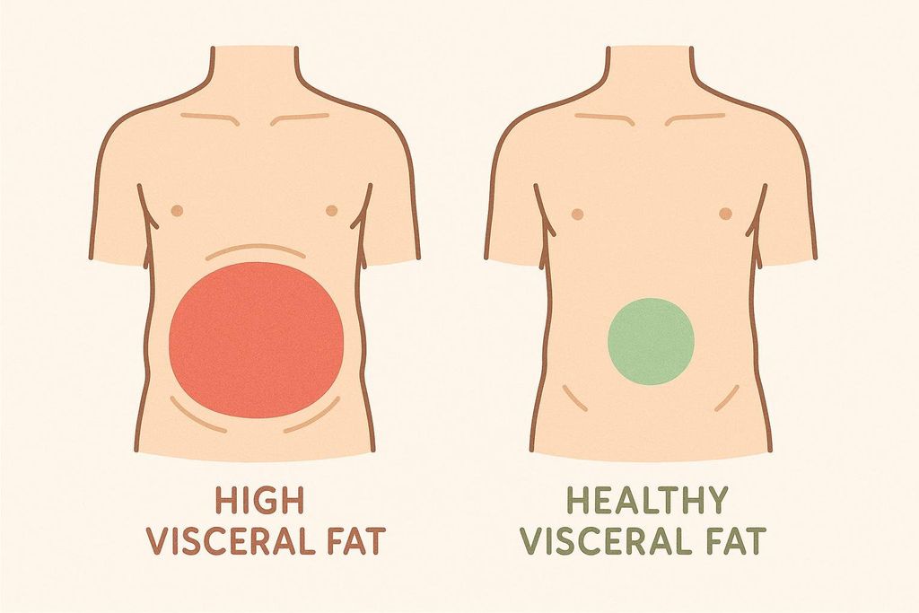 A comparative graphic showing a torso with high visceral fat (indicated by a large red circle) versus a torso with a healthy, reduced amount of visceral fat (indicated by a smaller green circle).