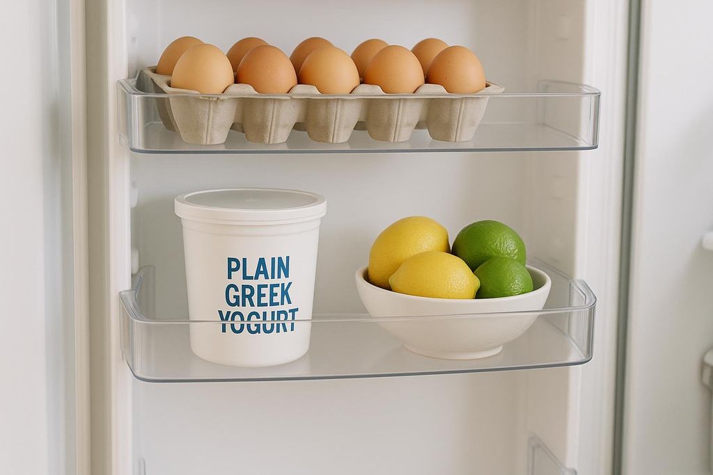 A clean refrigerator door shelf holds a carton of brown eggs and a white tub of plain Greek yogurt. Below, a white bowl contains yellow lemons and green limes.