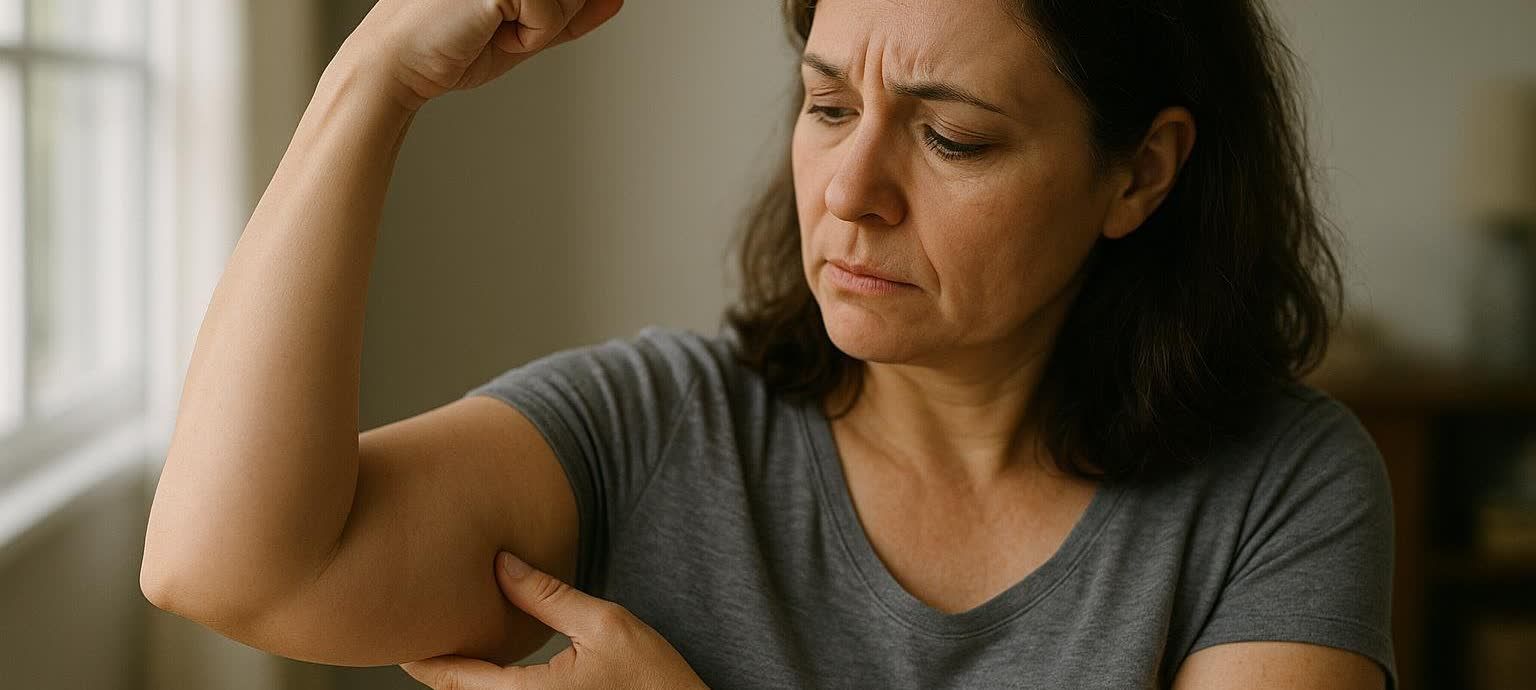 A thoughtful woman examines her arm, representing concern about muscle loss during weight loss.