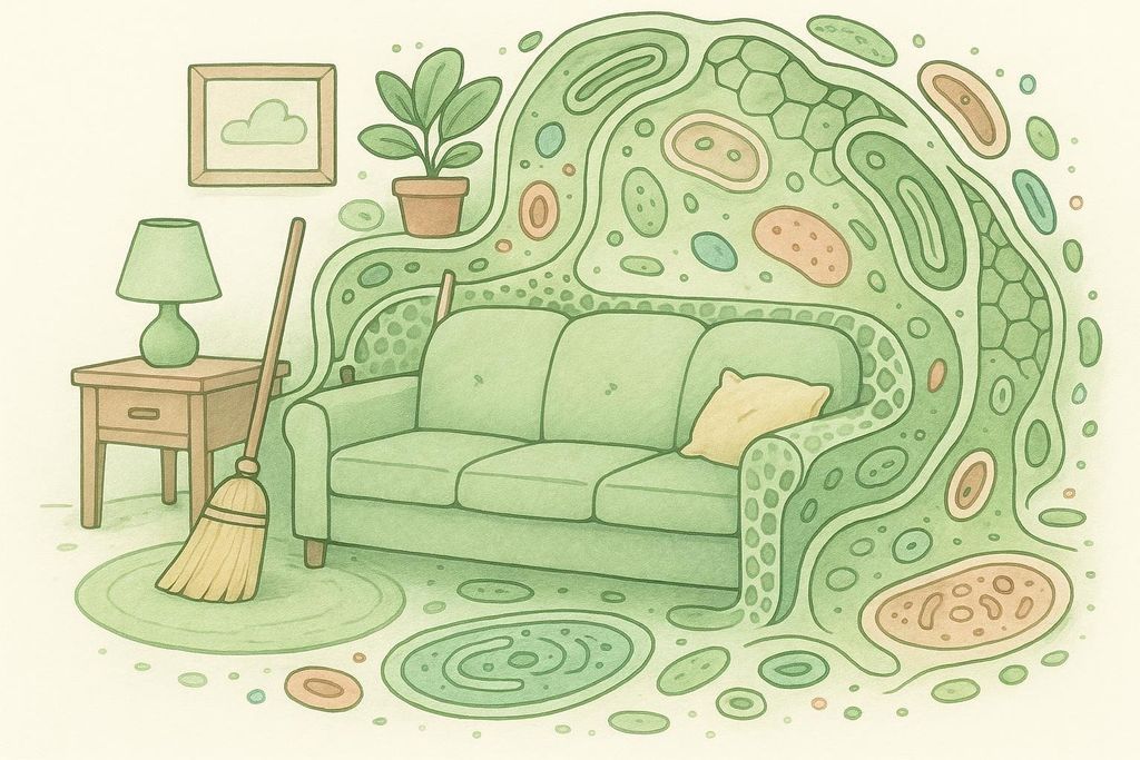 A whimsical illustration showing a living room scene where the walls, couch, and floor are depicted as the detailed interior of a biological cell, complete with organelles and cellular structures. A green couch, a side table with a lamp, a potted plant, a framed picture, and a broom are placed within this cellular landscape.