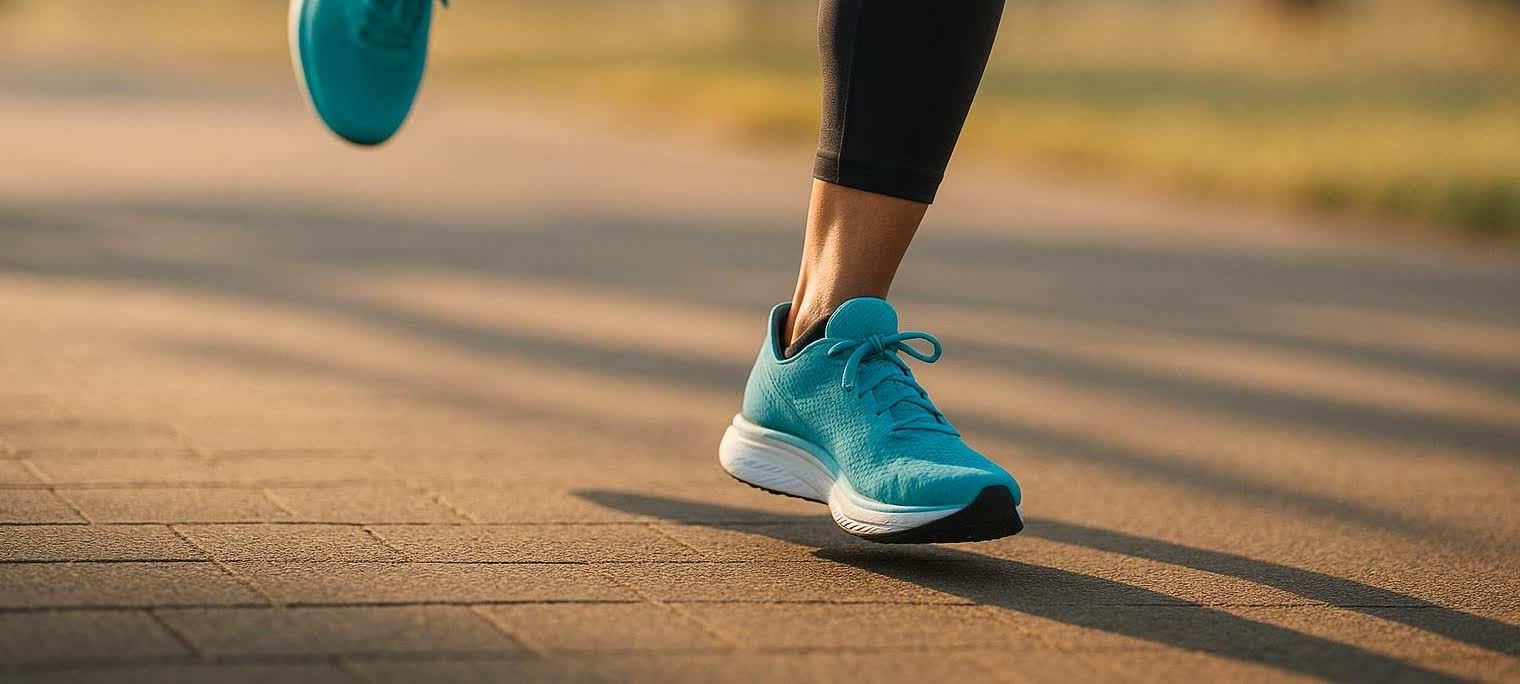Close-up shot of a runner's leg and foot in mid-stride, wearing bright teal athletic shoes and black leggings on a paved path during golden hour, with long shadows stretching across the ground.