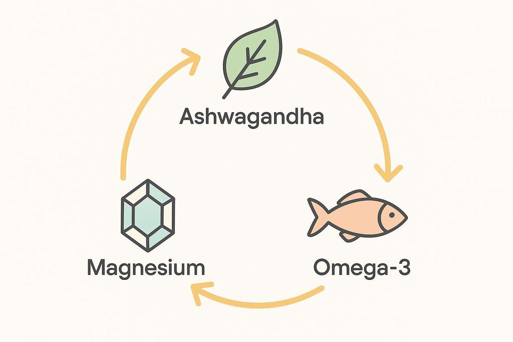 A white background with a flow diagram showing three supplement icons: a green leaf for Ashwagandha, a light blue gemstone for Magnesium, and a pink fish for Omega-3. Curved yellow arrows indicate a circular flow from Ashwagandha to Omega-3, from Omega-3 to Magnesium, and from Magnesium back to Ashwagandha.