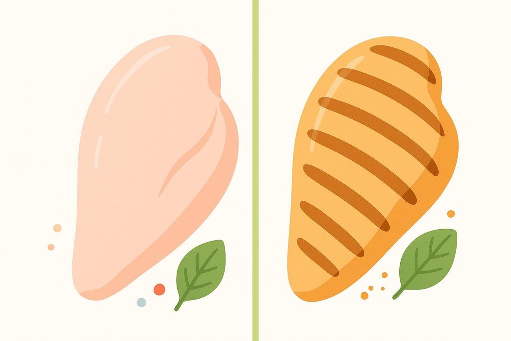 An illustration comparing a raw chicken breast with a grilled cooked chicken breast, accompanied by a few spices and a basil leaf on a light background. The raw chicken breast is light pink, while the cooked one is golden brown with grill marks.