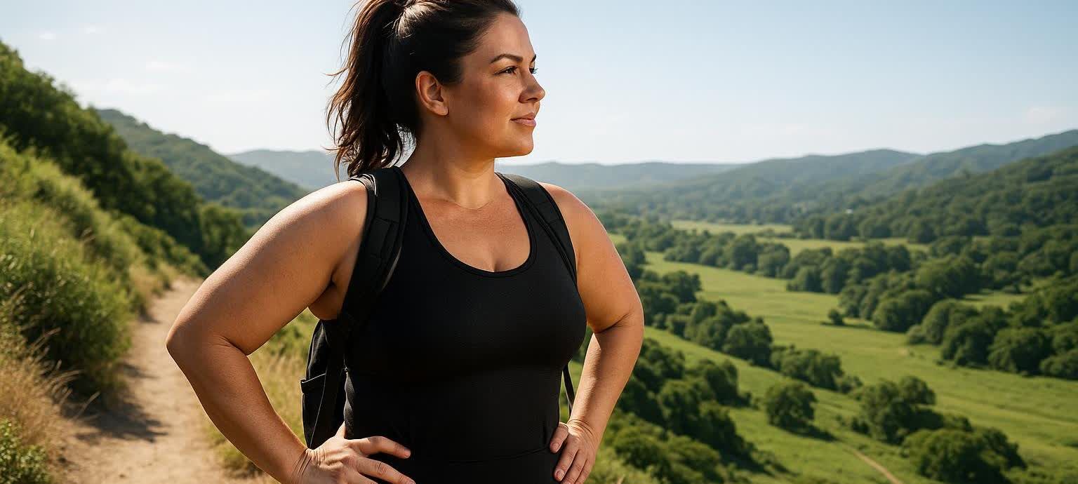 A woman with a ponytail and a black tank top and backpack looks out over a sunny green valley while hiking on a trail.