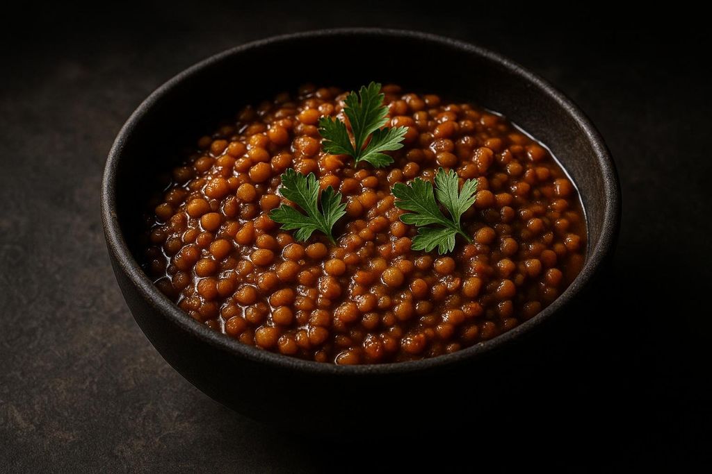A rich brown lentil stew in a dark ceramic bowl, garnished with fresh parsley sprigs. The image is dimly lit, highlighting the texture and color of the lentils.