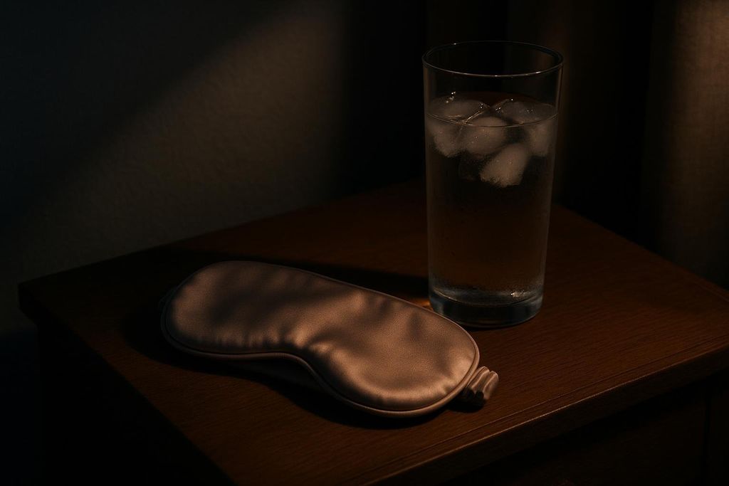 A silk eye mask and a glass of iced water sitting on a dark wooden bedside table. The scene is dimly lit with natural light.