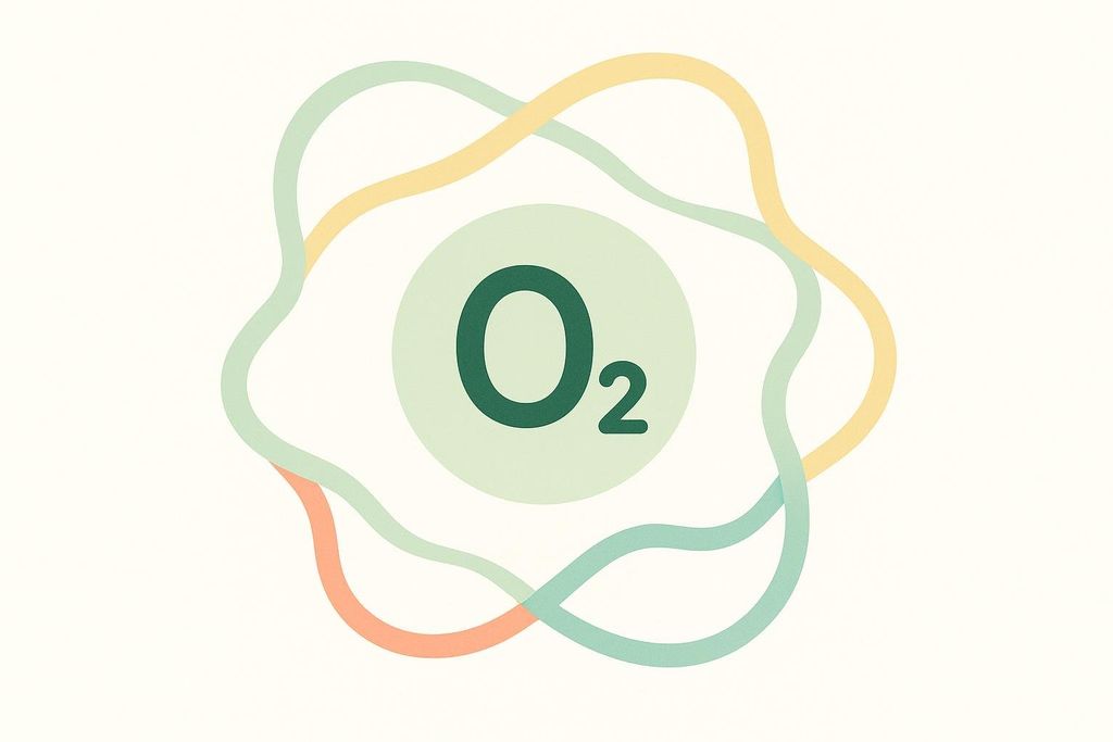 An abstract graphic illustration of an oxygen molecule (O2) in a light green circle, surrounded by flowing, wavy lines in shades of yellow, light green, and light orange, all on an off-white background.