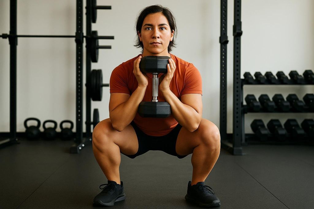 A person with good form performing a goblet squat in a gym, holding a dumbbell at chest level. Their knees are bent deeply and their back is straight, with weight racks visible in the background.