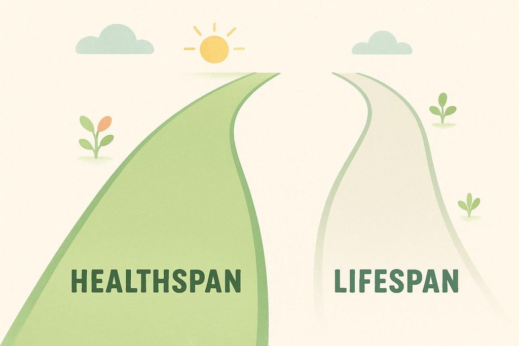 Illustration comparing healthspan (represented by a vibrant green path) and lifespan (represented by a faded grey path).