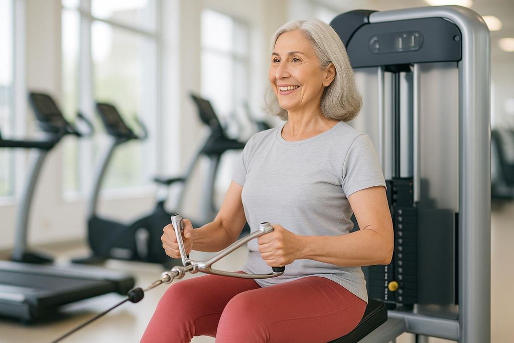 An older woman with gray hair smiling while using a seated row machine in a gym, with other exercise equipment blurred in the background, demonstrating strength training.