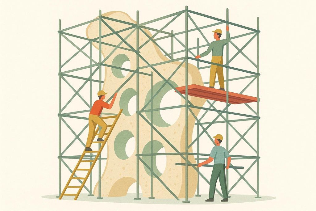 An illustration showing a large, irregularly shaped bone structure with holes in it, surrounded by scaffolding. Three construction workers in hard hats are on the scaffolding, appearing to work on or around the bone.