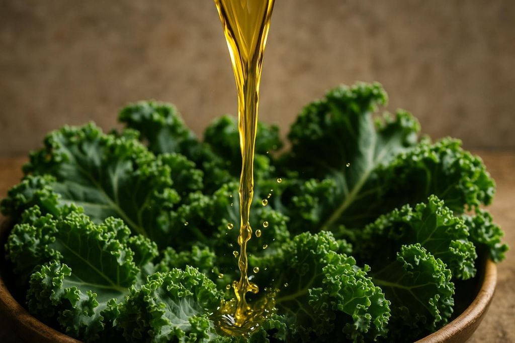 A stream of golden olive oil is being poured onto a vibrant green bed of fresh, raw curly kale leaves in a wooden bowl. Oil droplets are visible around the stream, catching the light.