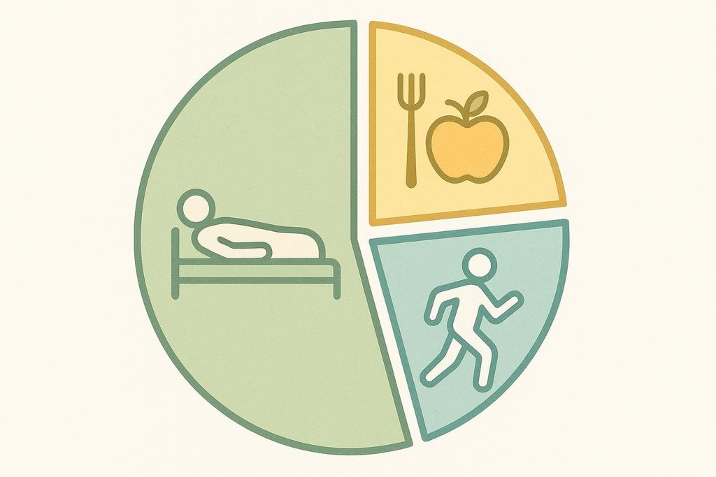 Illustration representing the components of Total Daily Energy Expenditure: Resting Metabolic Rate (RMR), Thermic Effect of Feeding (TEF), and Physical Activity using icons.