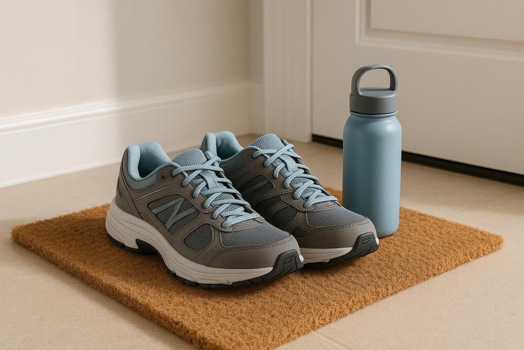 A pair of gray and light blue walking shoes and a matching light blue water bottle are placed on a brown doormat next to a white door, ready for a walk.