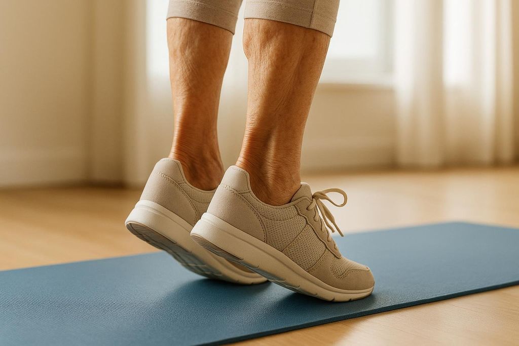 Close-up of a senior woman's feet and lower legs as she performs a weight-bearing calf raise exercise on a blue yoga mat. Her feet are raised on the balls, and she is wearing light-colored athletic shoes to support bone health.