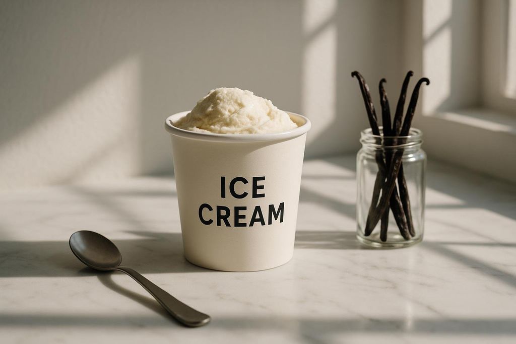 A cream-colored pint of vanilla ice cream with 'ICE CREAM' written in black capital letters sits on a white marble countertop. A silver spoon lies next to it, and a small glass jar filled with dark vanilla beans is to the right. Sunlight casts diagonal shadows across the scene.