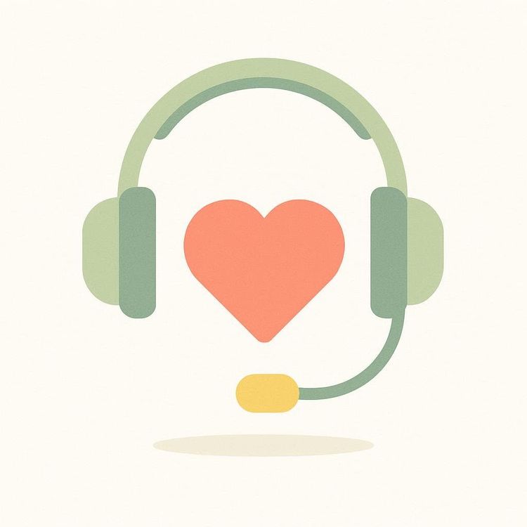 An icon depicting a light green headset with a microphone, embracing a red heart in the center, all against a light beige background. This symbolizes customer support, care, or coaching.