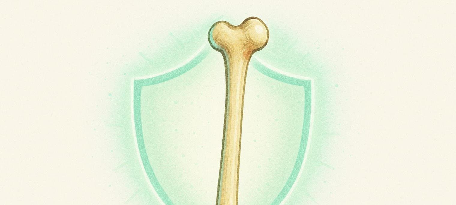 An illustration of a light brown bone, possibly a femur, standing upright and partially centered on a light green background.  A translucent, light blue-green shield outline surrounds the bone, suggesting protection or strength. The entire image has a grainy texture.