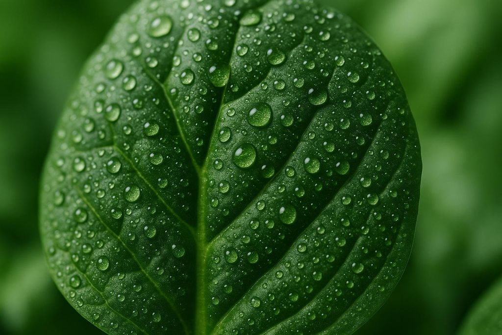 A close-up of a vibrant green spinach leaf covered in numerous clear water droplets, highlighting the leaf's texture and veins against a blurred green background.