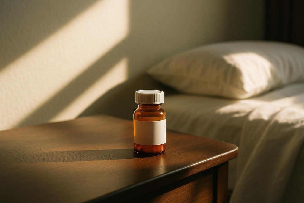 A brown medication bottle with a white cap and blank label sits on a wooden nightstand. Sunlight streams through a window, casting diagonal shadows on the wall and partially illuminating the bottle and a bed with a white pillow and sheets in the background.