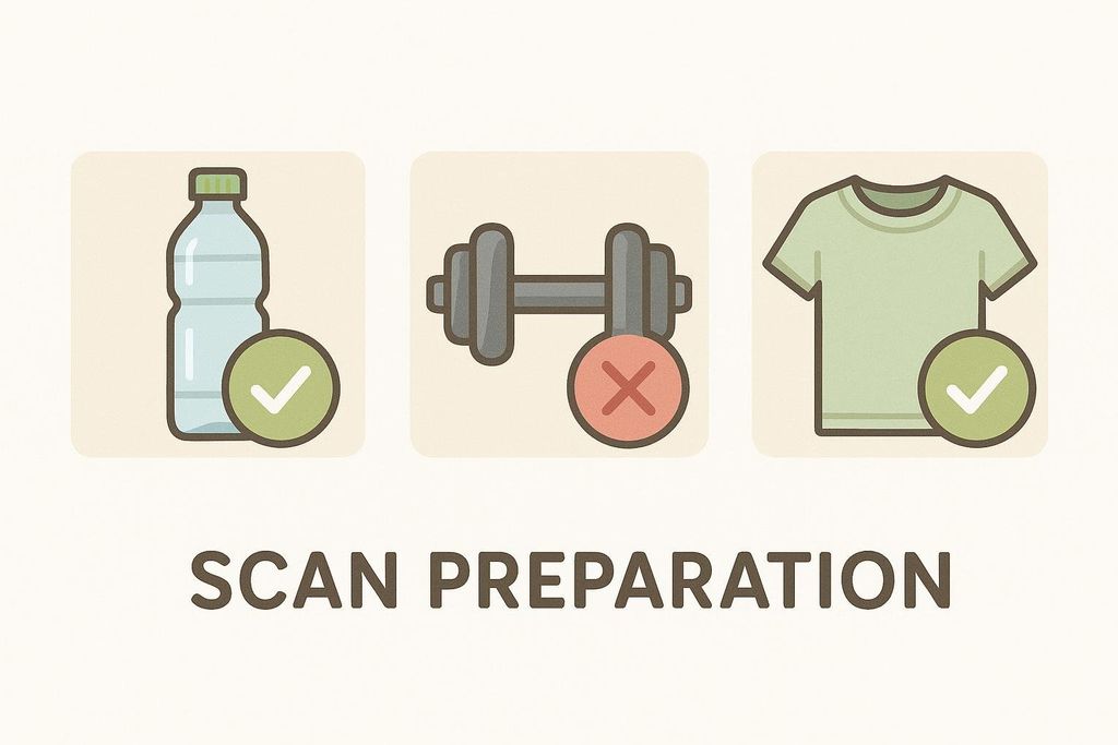 Icons for preparing for a scan: drink water (checkmark), avoid exercise (x-mark), and wear metal-free clothing (checkmark). The text reads 'SCAN PREPARATION' below the icons.