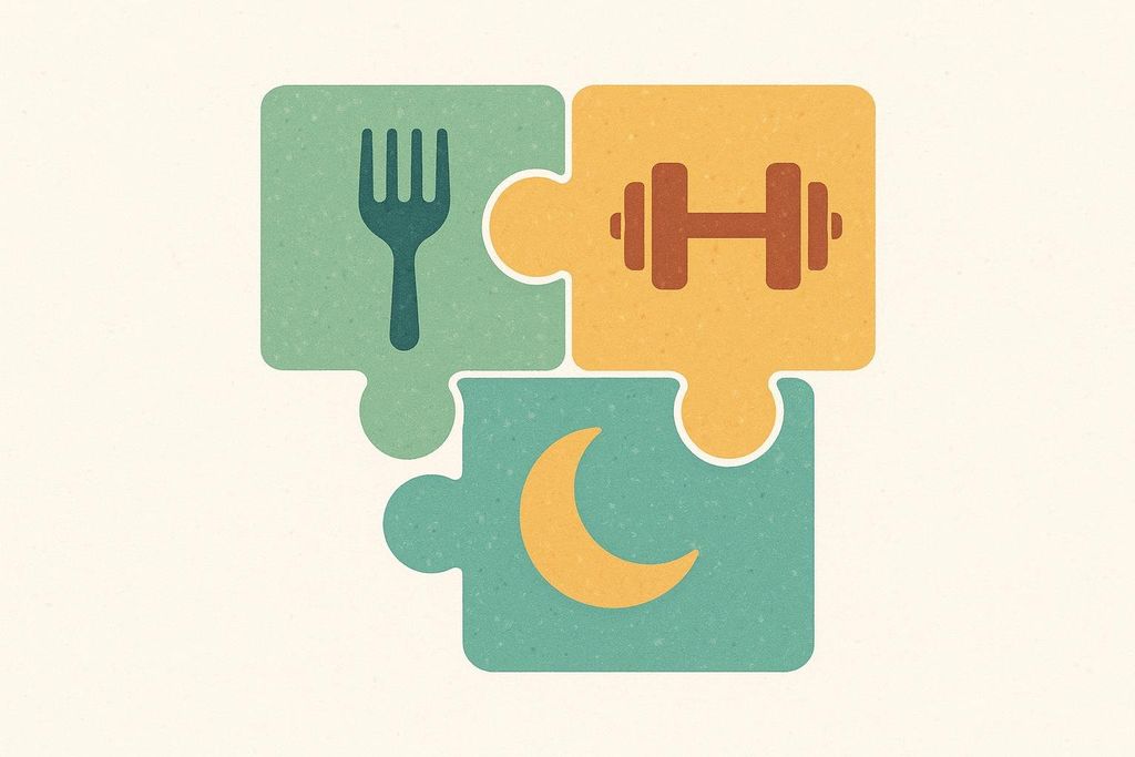 Three puzzle pieces representing the three pillars of weight loss: nutrition (a fork icon), strength (a dumbbell icon), and recovery (a crescent moon icon).