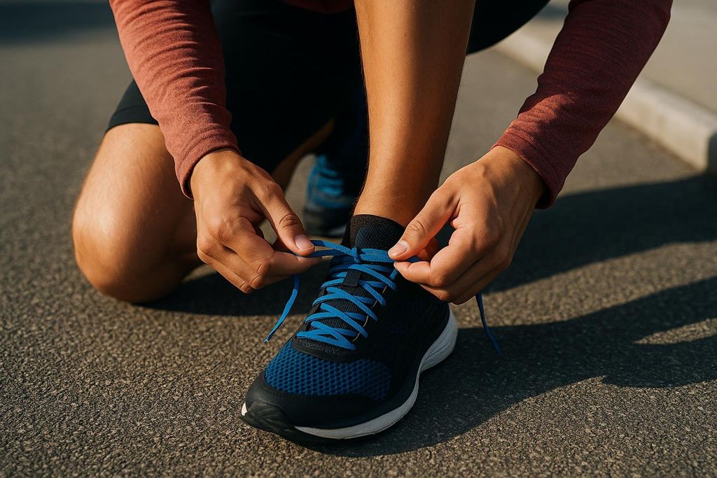 Close-up of a person's hands tying blue laces on a black and blue running shoe on an asphalt surface.