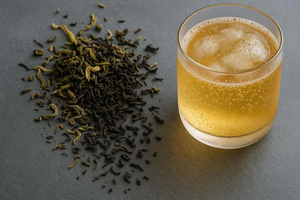 A close-up shot of loose green tea leaves, some light green and some dark, scattered on a dark grey surface next to a glass of golden, bubbling kombucha.