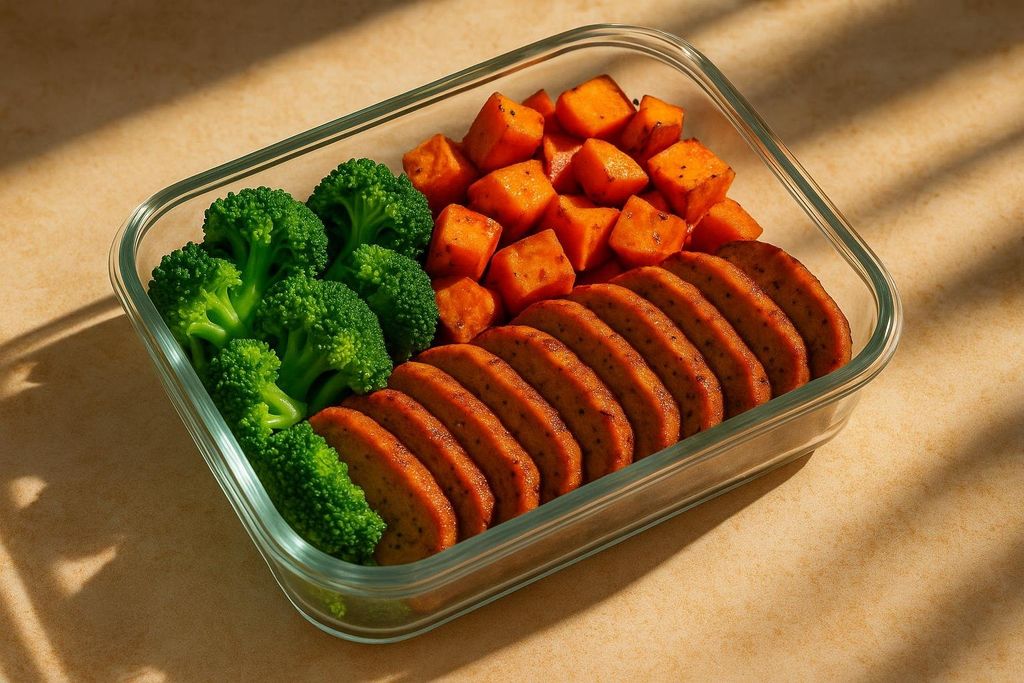 A clear glass meal prep container filled with neatly arranged food: bright green broccoli florets on the left, diced orange sweet potatoes in the top right, and sliced seitan in the bottom right, all lit by a warm, dappled light.