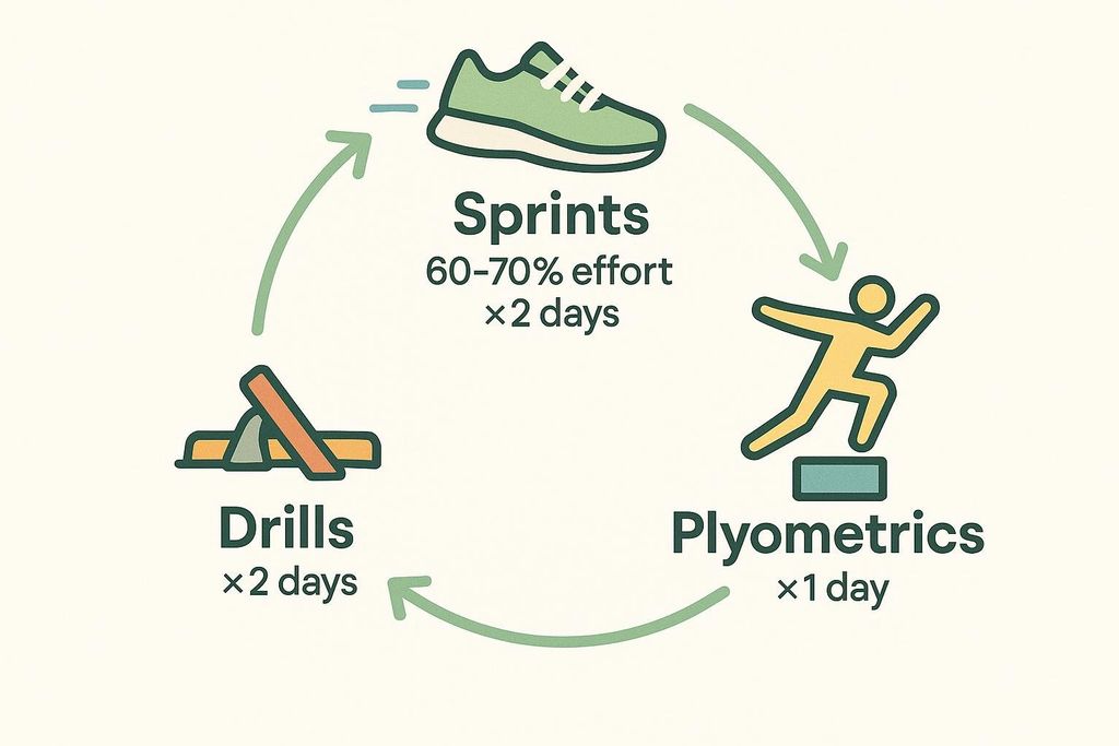 A circular diagram illustrating sprint deload sessions. It shows 'Sprints' (60-70% effort, 2 days) represented by a running shoe icon, transitioning to 'Plyometrics' (1 day) with an icon of a person jumping on a box, which then transitions to 'Drills' (2 days) with a hurdles icon, finally looping back to Sprints.