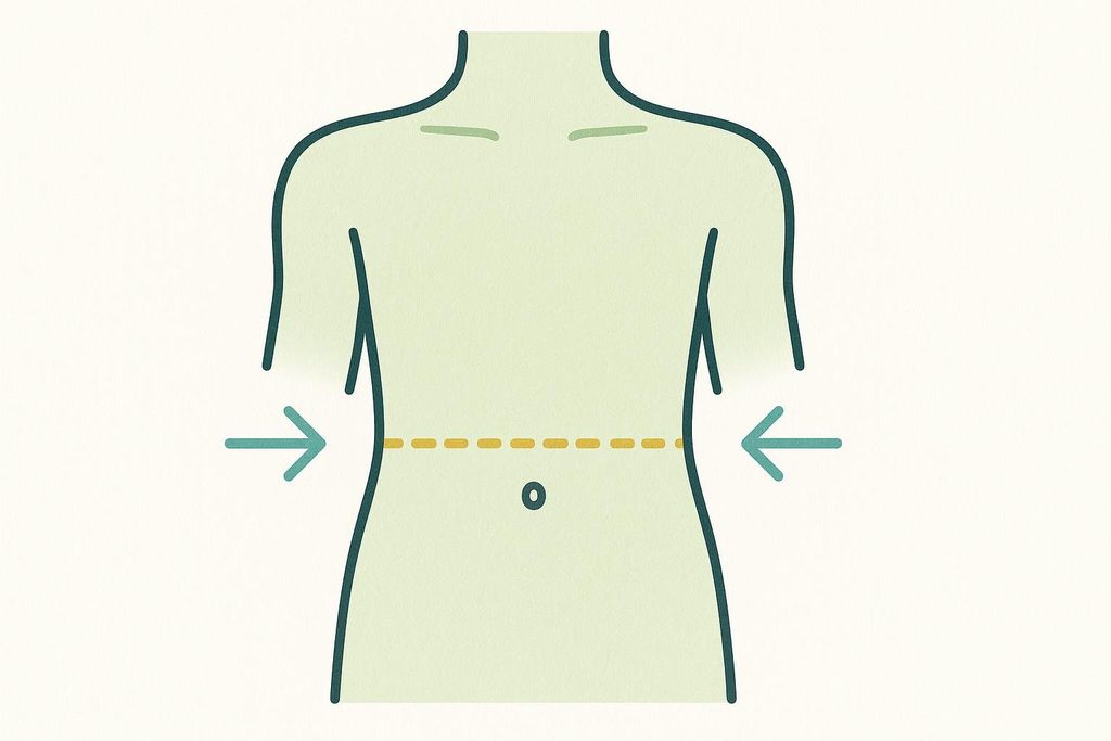Illustration showing the correct location for waist measurement on a torso outline, level with the navel.