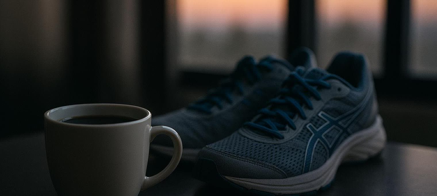 A close-up of a white mug of black coffee next to a pair of gray and blue running shoes, with a blurred backdrop of an orange and pink dawn sky seen through a window.