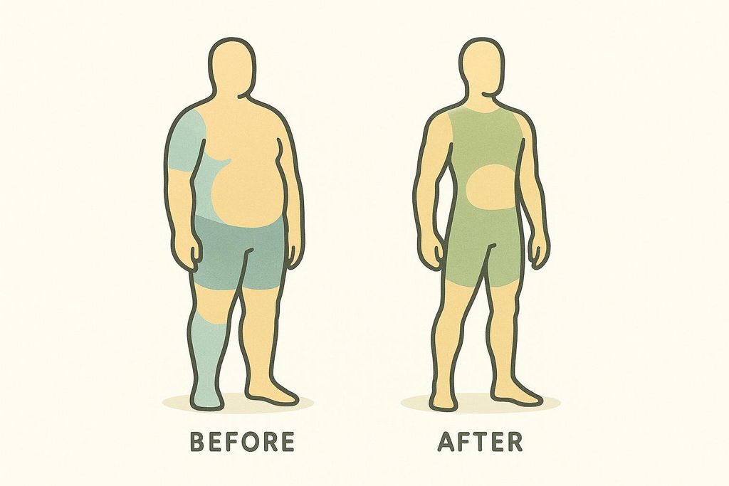 Abstract illustration comparing 'Before' and 'After' body silhouettes to show body composition change from a fitness challenge.