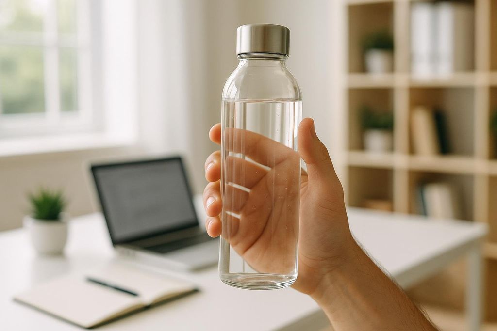 A person holding a reusable glass water bottle in a home office with a laptop and notebook in the blurred background, highlighting the importance of hydration during work.