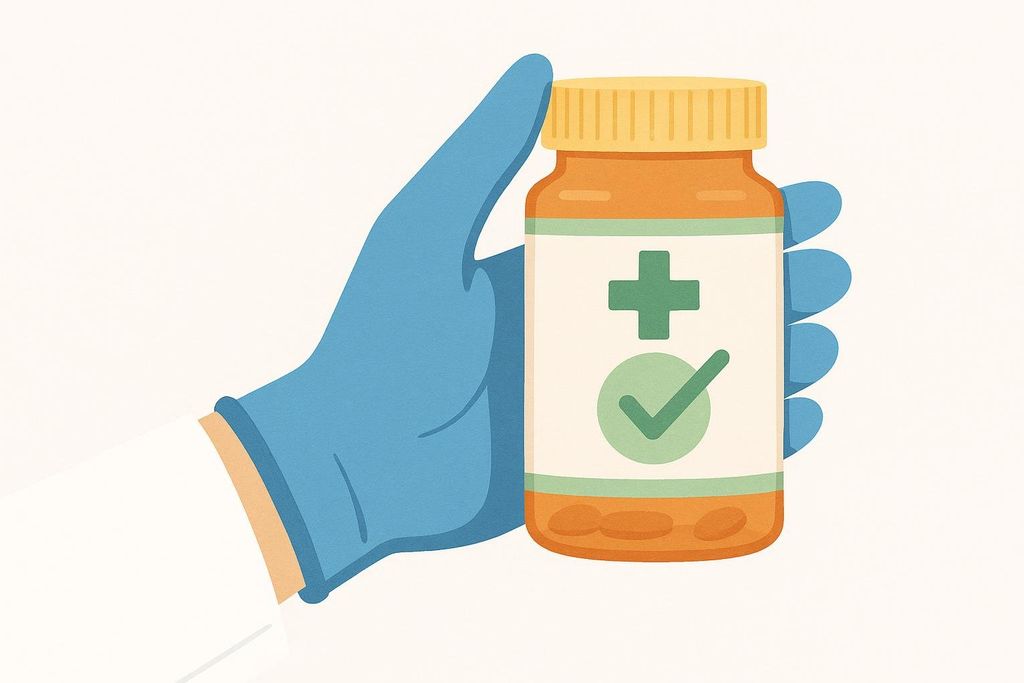 An illustrated image of a hand wearing a blue surgical glove holding an orange prescription bottle. The bottle has a label with a green medical cross and a green checkmark, symbolizing approved medication.