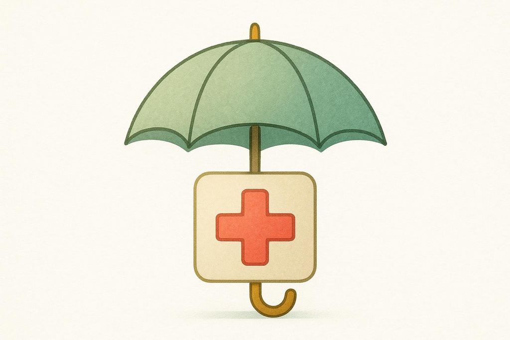 Illustration of an umbrella covering a medical cross, symbolizing insurance coverage