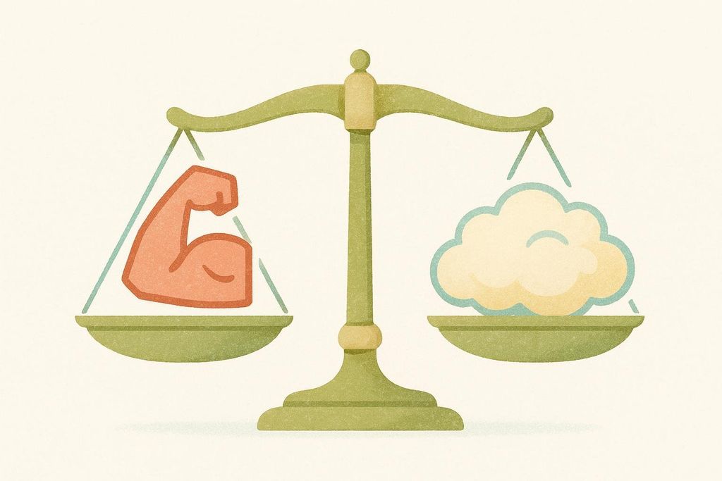 An illustration of a balance scale with a red bicep representing muscle on the left pan, which is lower, and a yellow, cloud-like shape representing fat on the right pan, which is higher, indicating that muscle is denser than fat.