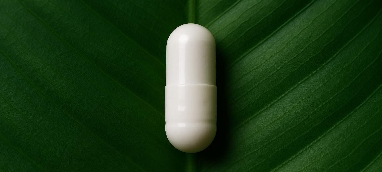 A white vitamin capsule lies on a dark green leaf, highlighting the natural origin of the supplements.